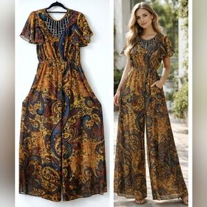 RANNA GILL Anthropologie JUMPSUIT Dress PAISLEY Beaded BOHO Womens Pants Sz 8